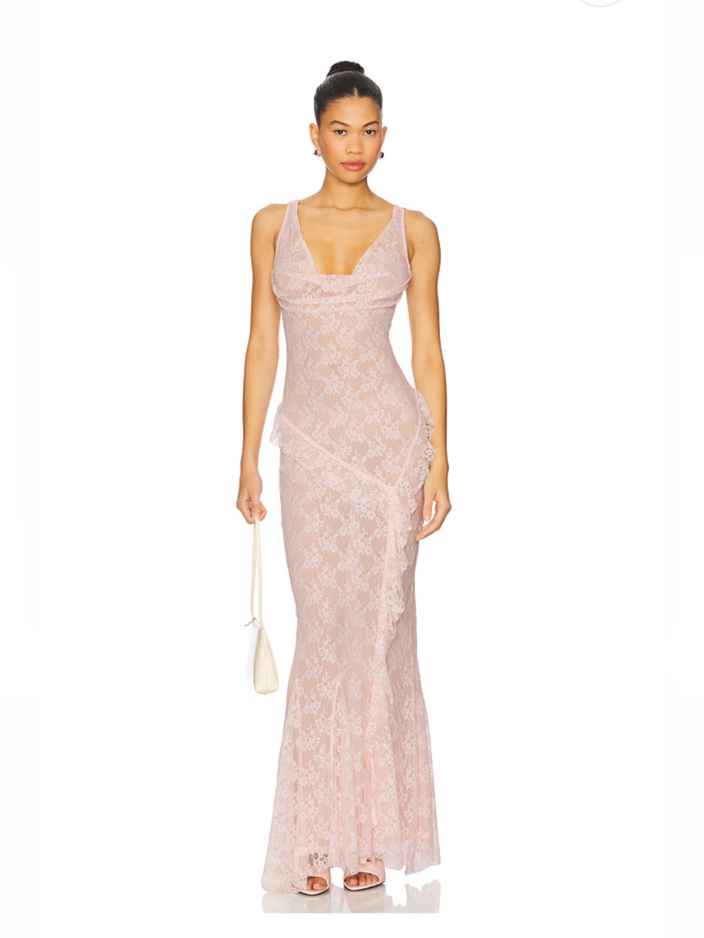 Camille Gown by MAJORELLE - Sleeveless Pink Lace Maxi Dress with Cowl Neck